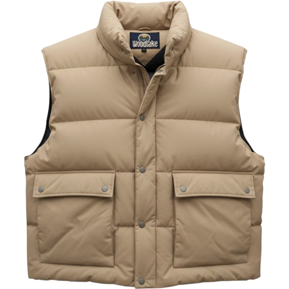 Woodlake Mens XL Tan Down Puffer Vest Cotton Shell Green Lining Quilted Outdoor